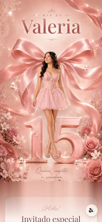 Invitación Rosa Coqueta de XV años en un celular